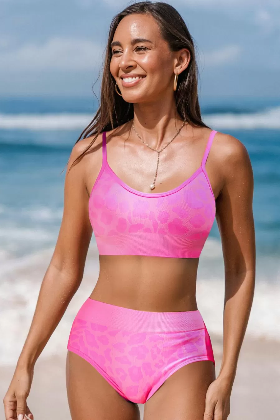 Cupshe Bikini | Taille Haute*Bikini à Col Scoop Léopard Et Bas à Taille Haute Rose