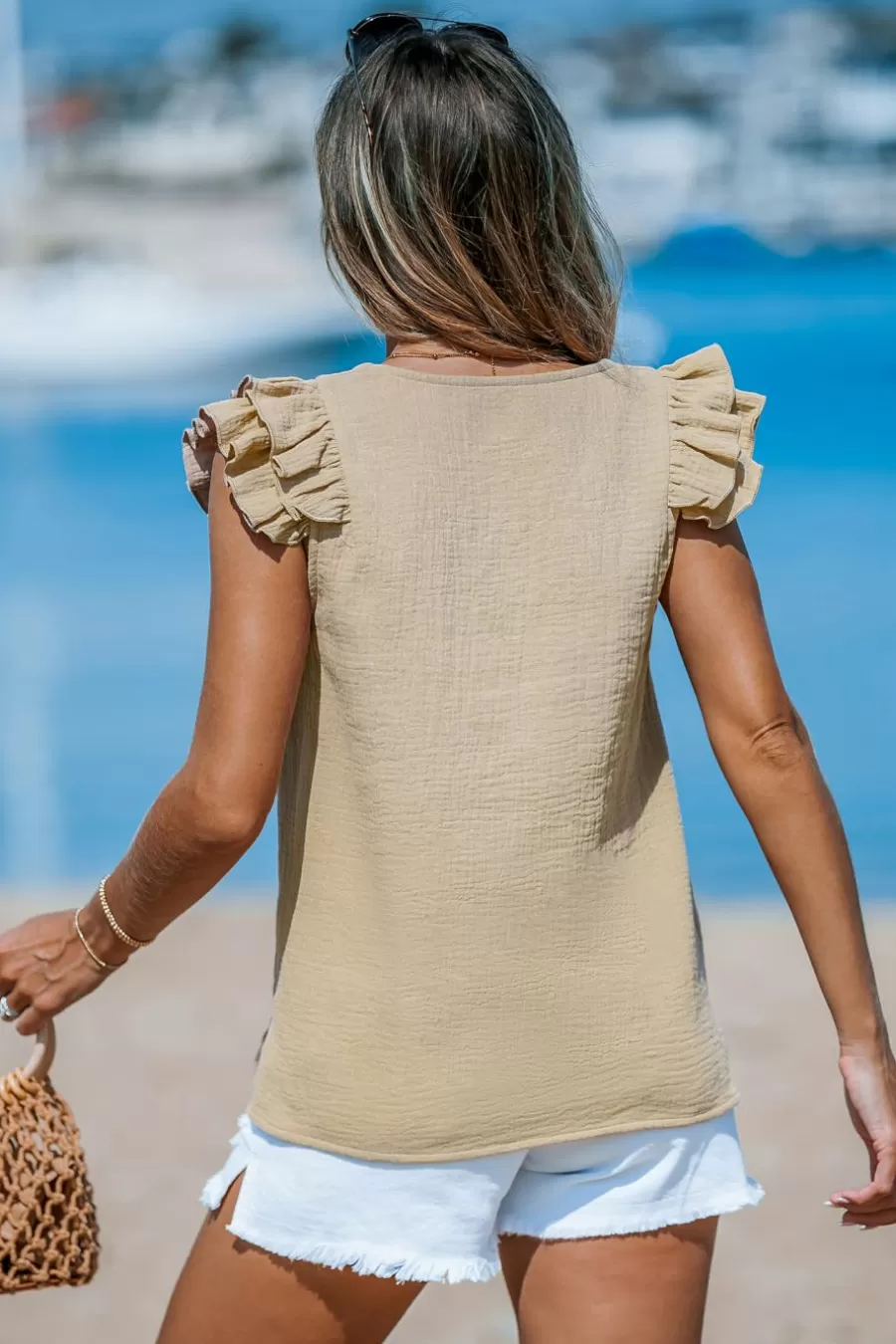 Cupshe T-Shirt & Débardeur | Chemise & Blouse*Blouse En Pur Coton Avec Col En V Et Manches à Volants Kaki