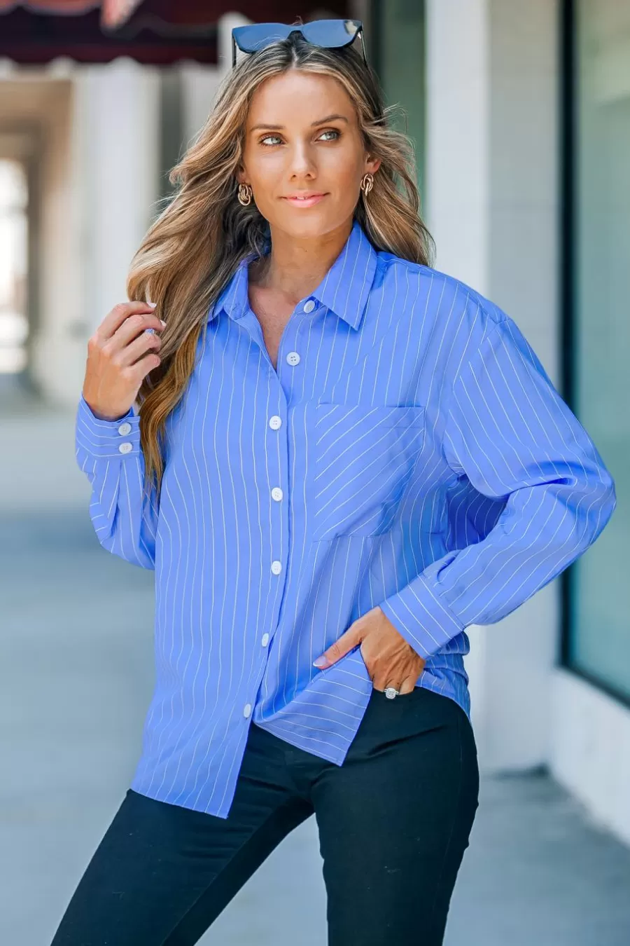 Cupshe Chemise & Blouse*Chemise à Boutons Et Manches Tombantes Avec Rayures Bleu