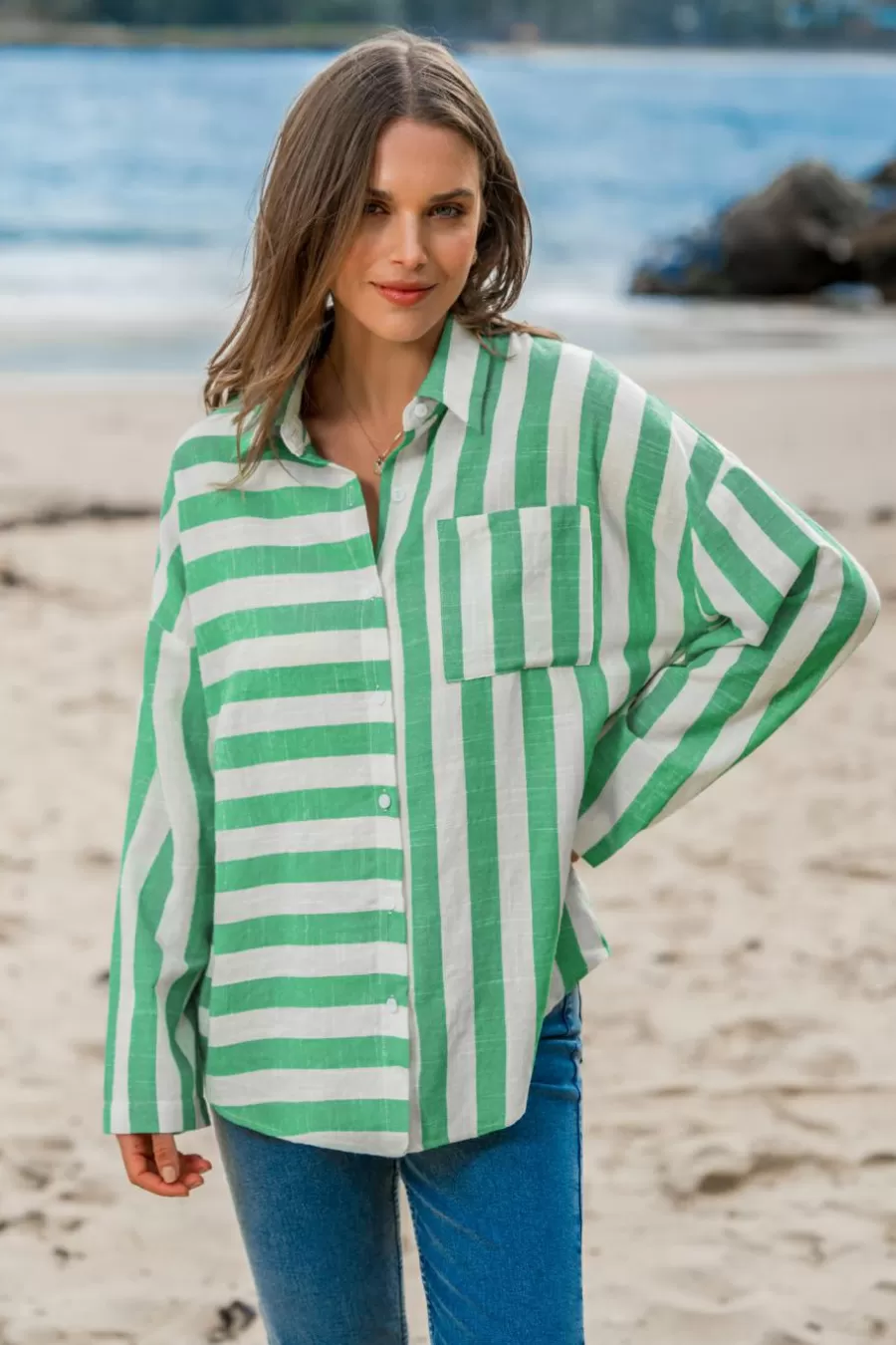 Cupshe Chemise & Blouse*Chemise à Col De Chemise Et à Boutons Avec Rayures Mixtes e Vert