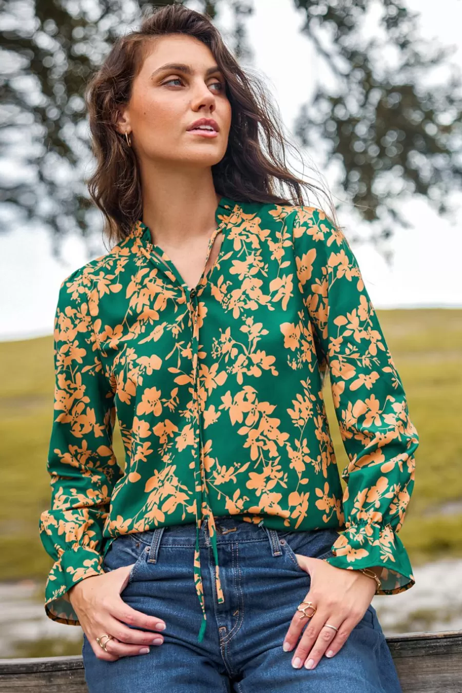 Cupshe Chemise & Blouse*Chemise à Manches De Poète Et Col Fendu Vert Et Orange