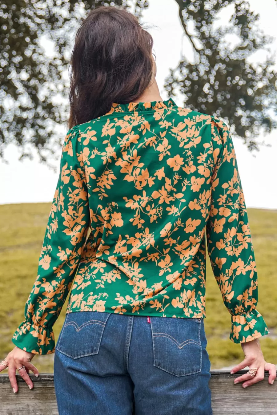 Cupshe Chemise & Blouse*Chemise à Manches De Poète Et Col Fendu Vert Et Orange