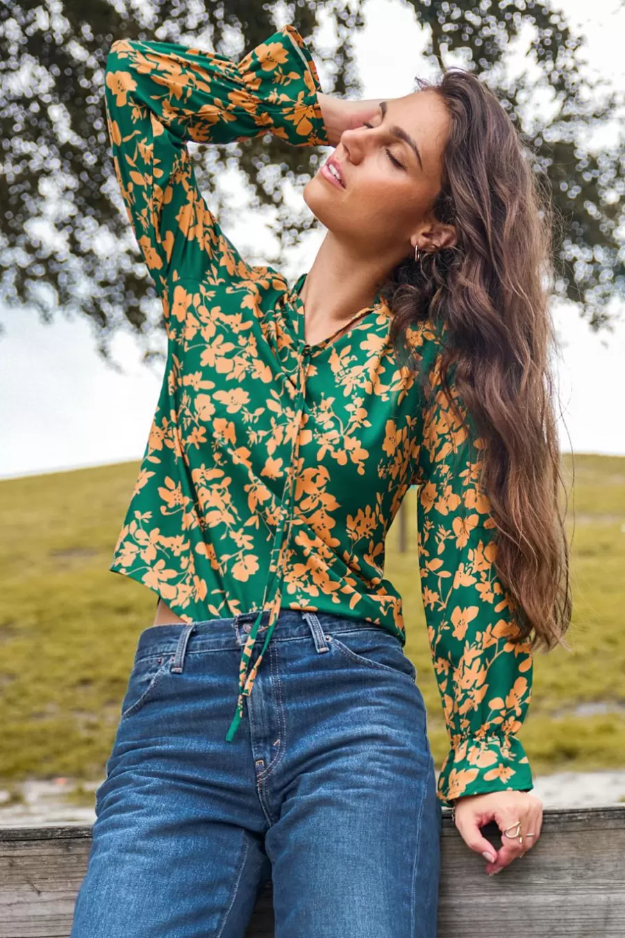 Cupshe Chemise & Blouse*Chemise à Manches De Poète Et Col Fendu Vert Et Orange