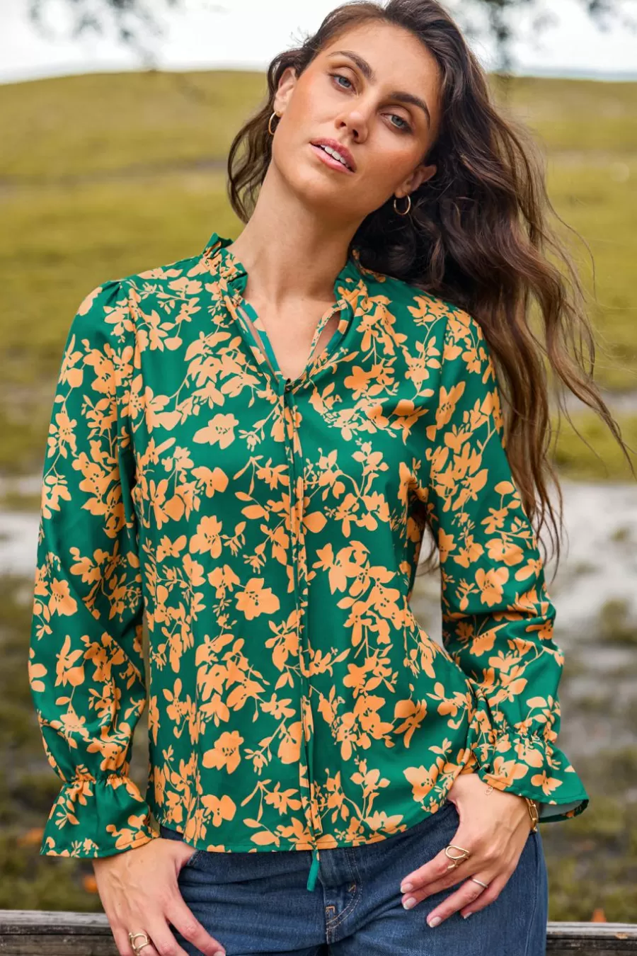 Cupshe Chemise & Blouse*Chemise à Manches De Poète Et Col Fendu Vert Et Orange