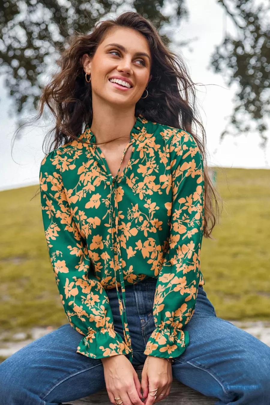 Cupshe Chemise & Blouse*Chemise à Manches De Poète Et Col Fendu Vert Et Orange