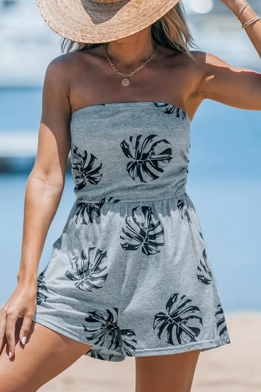 Cupshe Combinaison*Combishort En Jersey à Jambes Larges Et Feuilles De Palmier Gris