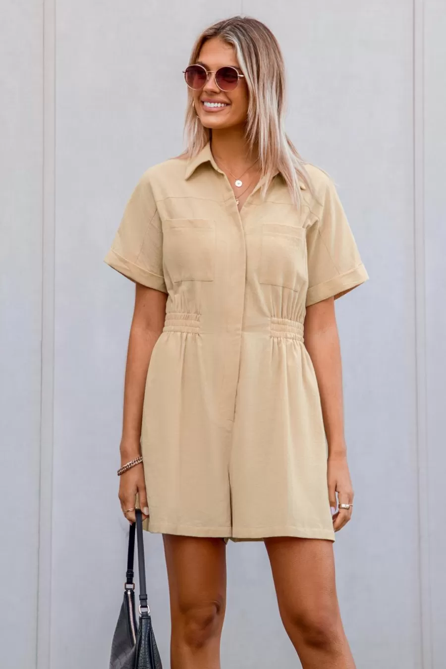 Cupshe Combinaison*Combishort En Pur Coton à Col De Chemise Et Jambes Larges Kaki