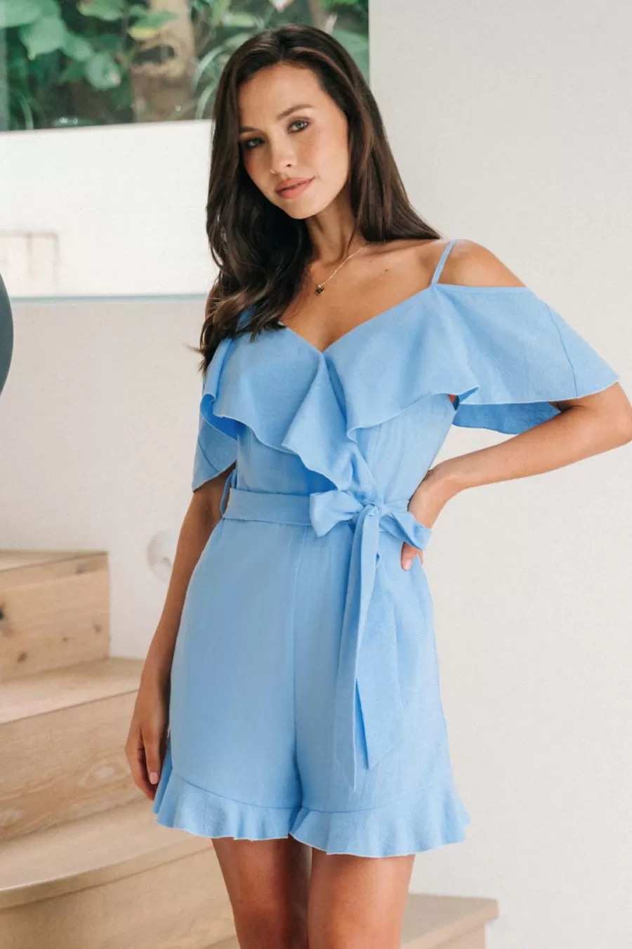 Cupshe Combinaison*Combishort En Pur Coton Avec Col En Cœur à Volants Ciel Bleu