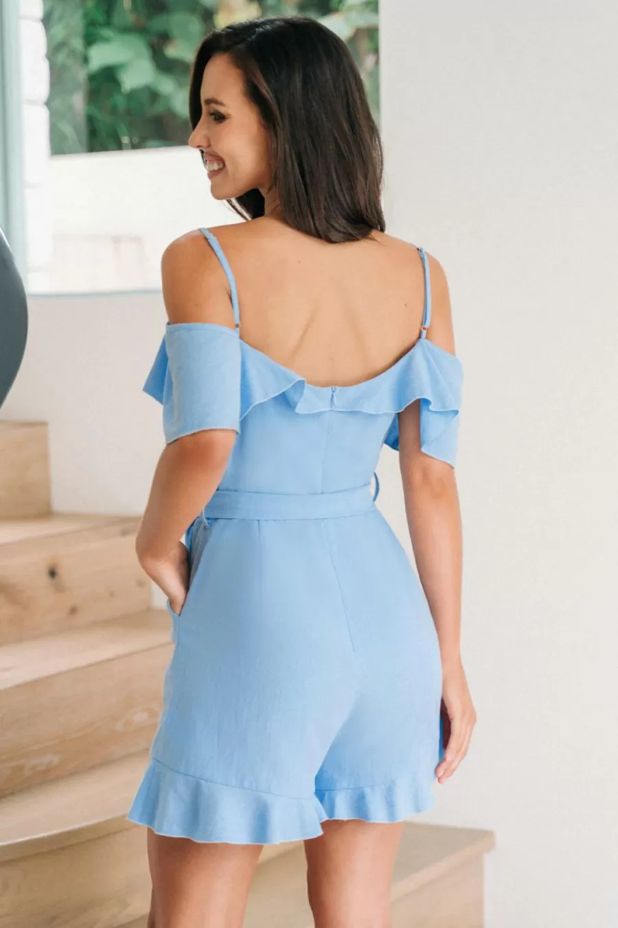 Cupshe Combinaison*Combishort En Pur Coton Avec Col En Cœur à Volants Ciel Bleu