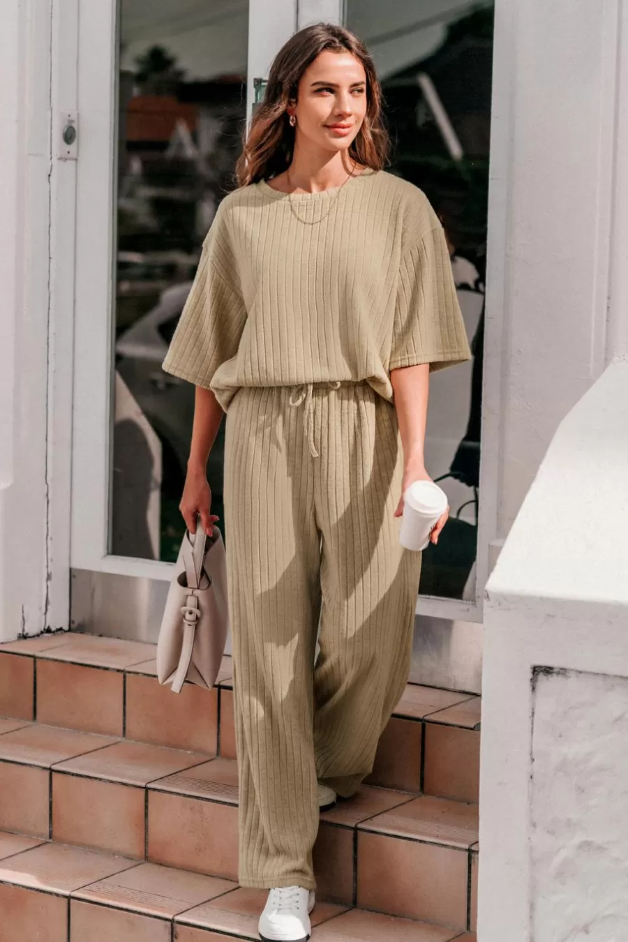 Cupshe Pulls & Gilets | Manteau & Veste*Ensemble De T-shirt En Tricot Côtelé Et Pantalons à Jambes Larges Kaki