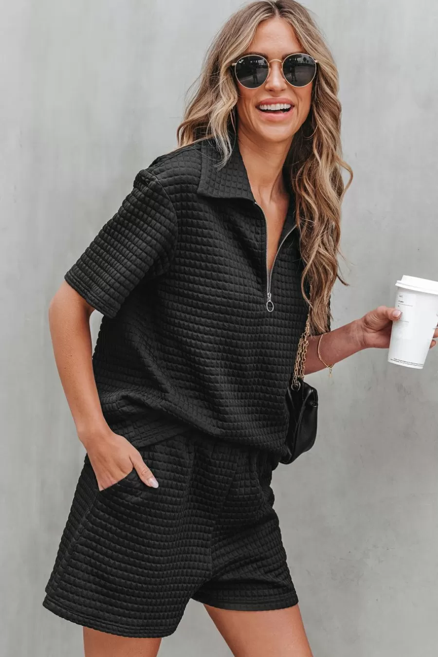Cupshe Pulls & Gilets | Manteau & Veste*Ensemble Haut Avec Joint Torique Et Short En Tricot Texturé Noir