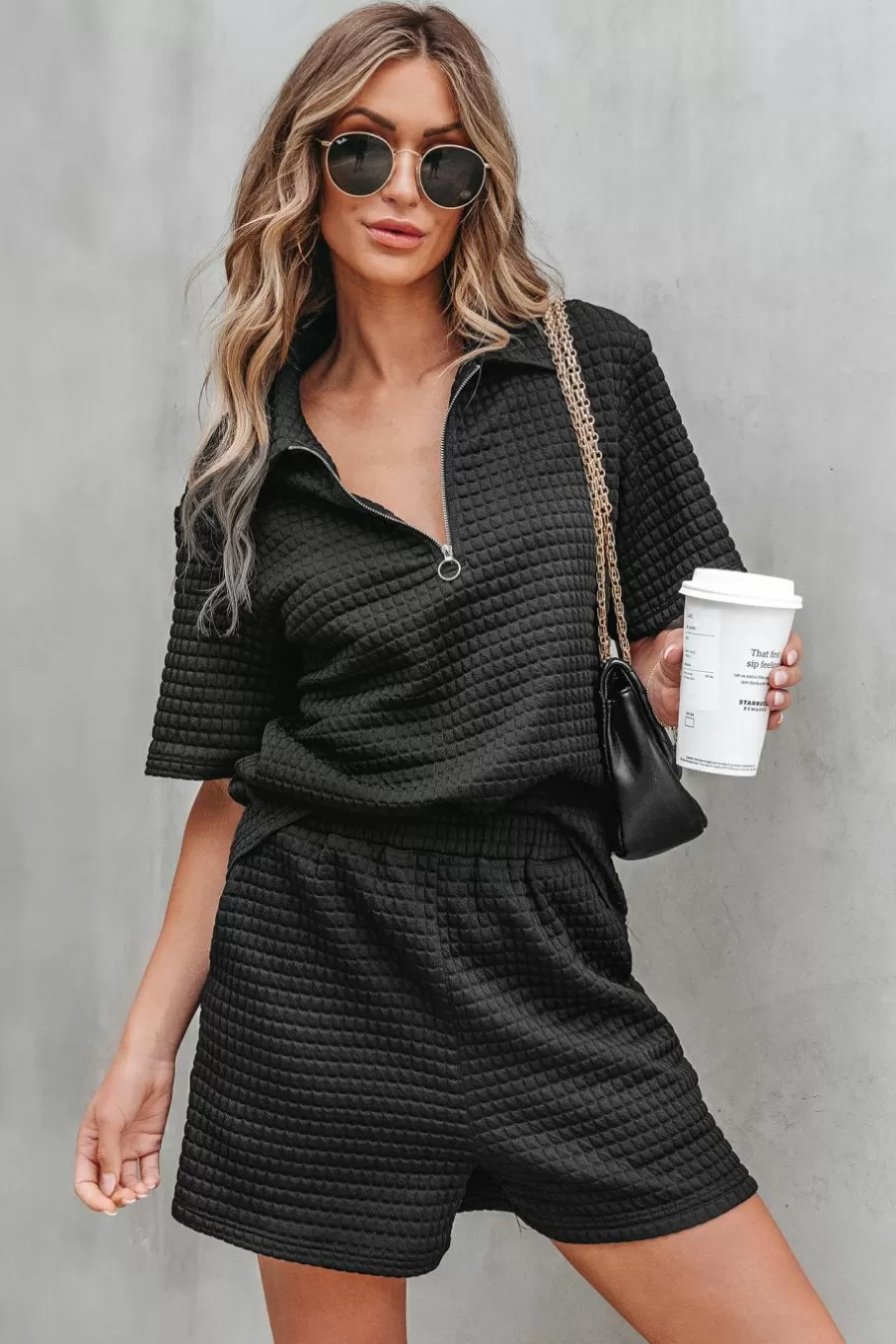 Cupshe Pulls & Gilets | Manteau & Veste*Ensemble Haut Avec Joint Torique Et Short En Tricot Texturé Noir