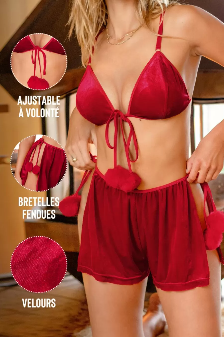 Cupshe Lingerie*Ensemble Lingerie De Nuit à Pompons Duveteux Rouge