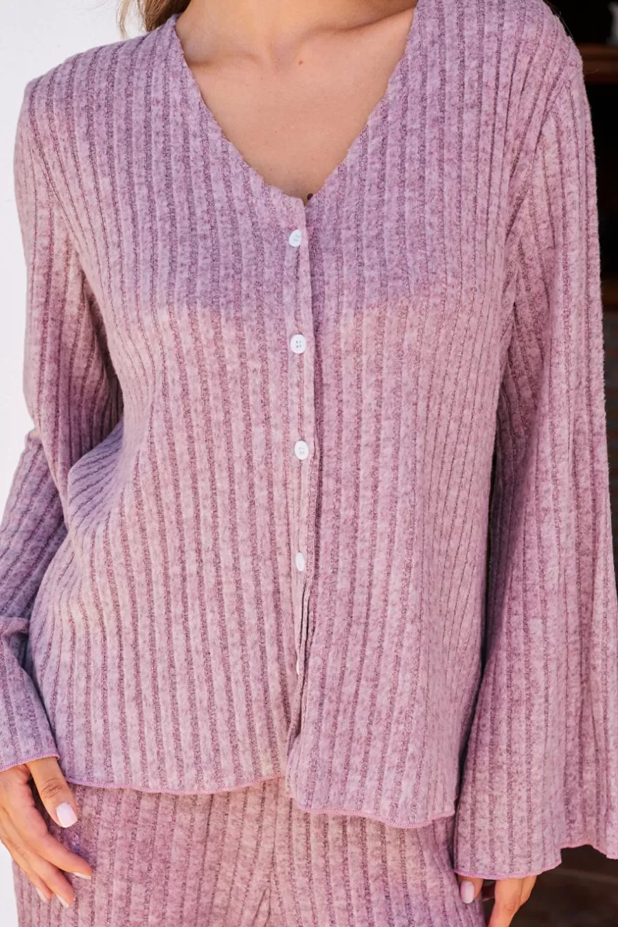 Cupshe Pyjama*Ensemble Pyjama Côtelé Haut à Manches Longues Et Pantalon évasé Lavande Marron