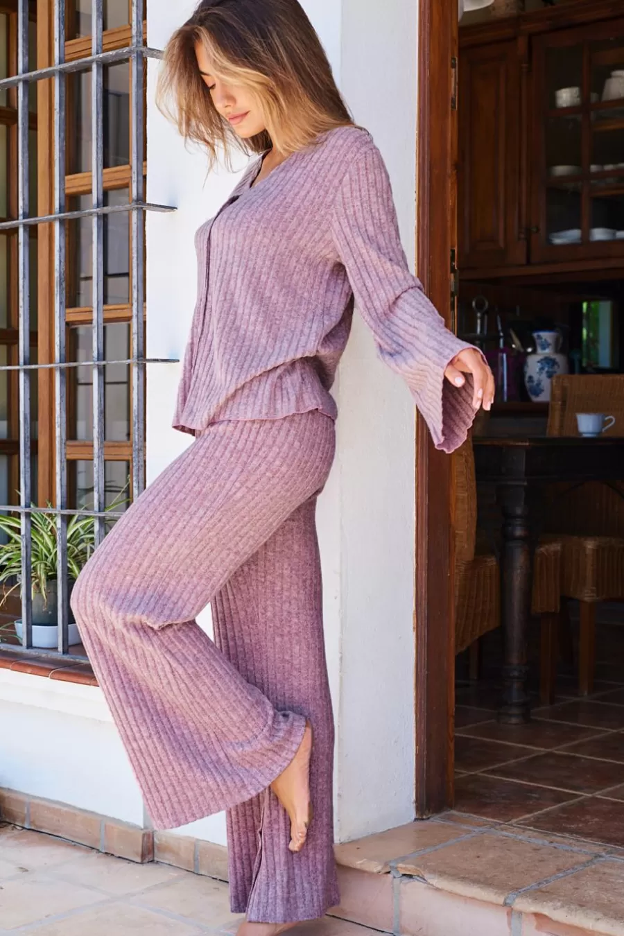Cupshe Pyjama*Ensemble Pyjama Côtelé Haut à Manches Longues Et Pantalon évasé Lavande Marron