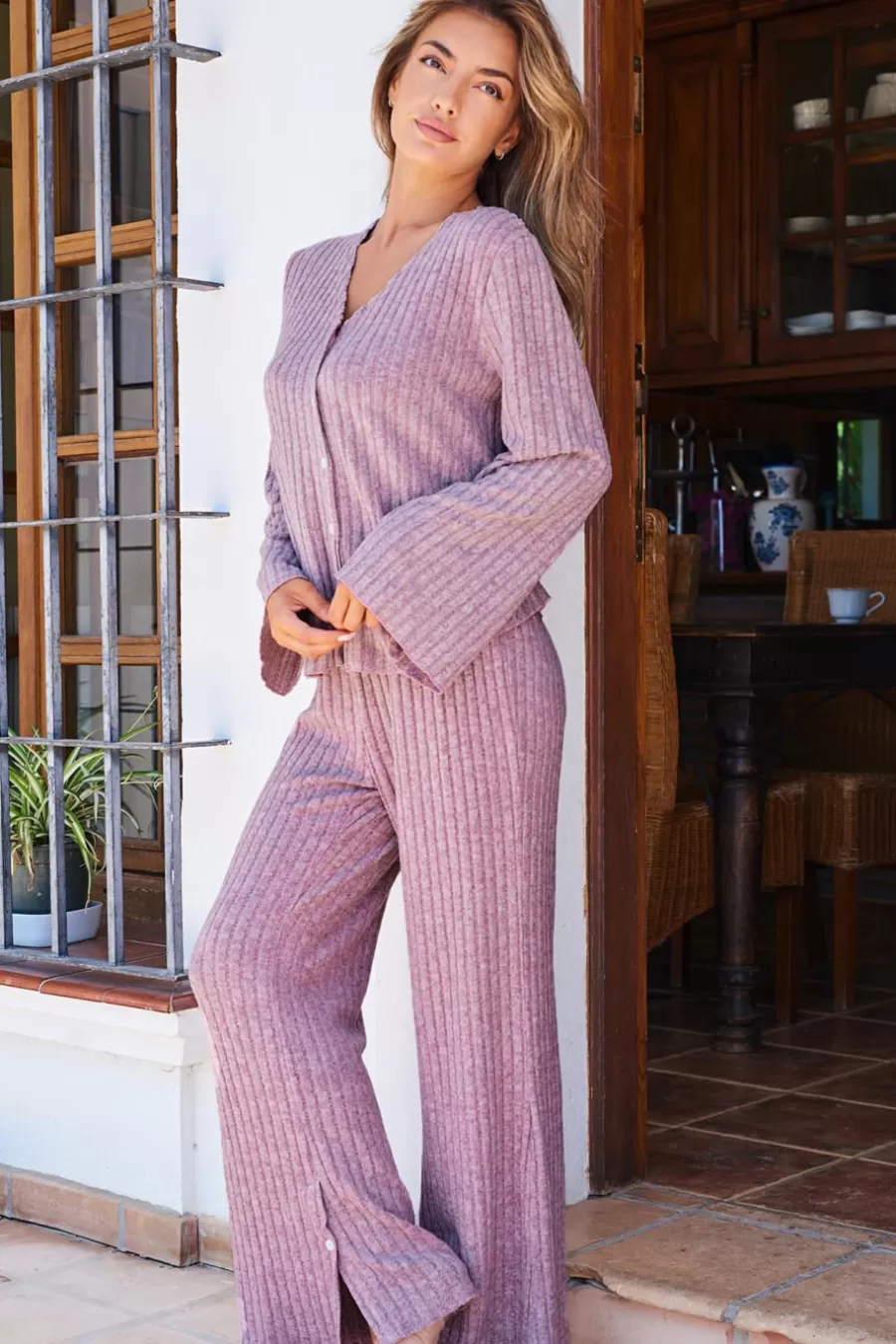 Cupshe Pyjama*Ensemble Pyjama Côtelé Haut à Manches Longues Et Pantalon évasé Lavande Marron