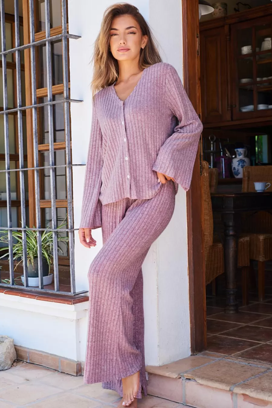 Cupshe Pyjama*Ensemble Pyjama Côtelé Haut à Manches Longues Et Pantalon évasé Lavande Marron