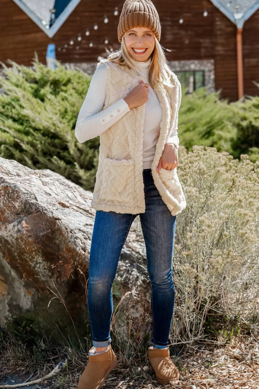 Cupshe Pulls & Gilets | Manteau & Veste*Gilet En Faux Fourrure à Poches En Patch Beige