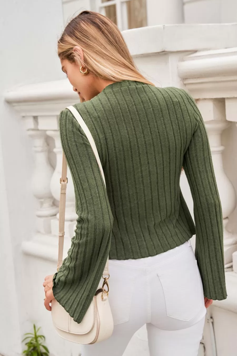 Cupshe T-Shirt & Débardeur | Chemise & Blouse*Haut à Manches Longues Et Col En V En Tricot Côtelé Olive Vert