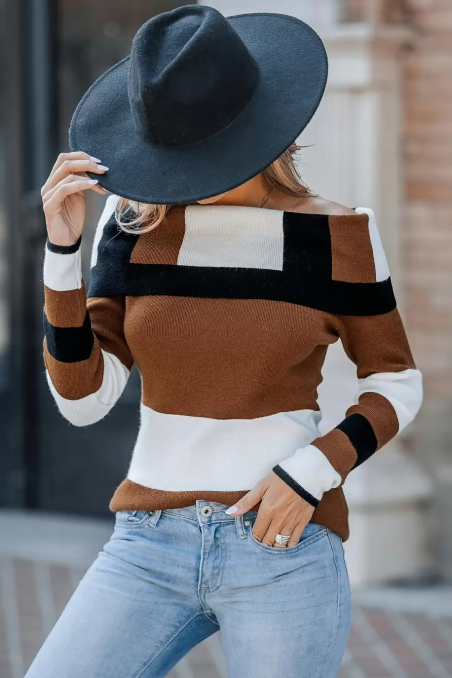 Cupshe Pulls & Gilets*Haut à épaules Dénudées Et Manches Longues Avec Blocs De Couleur Café / Espresso / Tabac