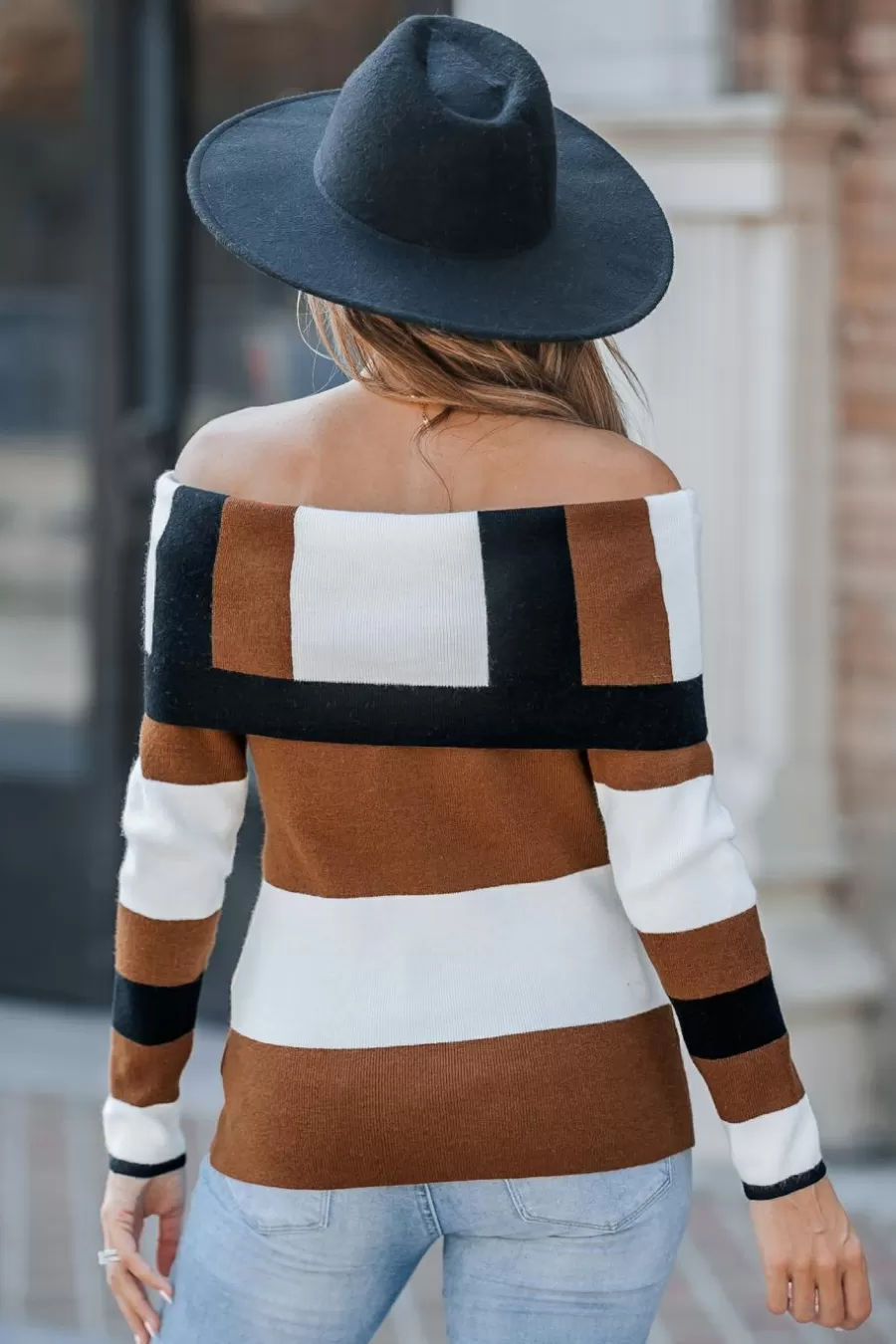 Cupshe Pulls & Gilets*Haut à épaules Dénudées Et Manches Longues Avec Blocs De Couleur Café / Espresso / Tabac