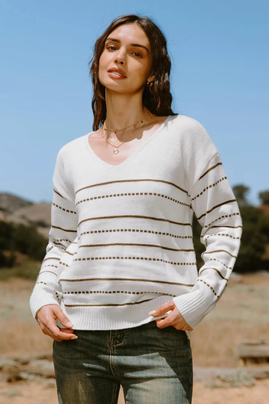 Cupshe Pulls & Gilets*Haut En Tricot à Manches Longues Et Col En V Avec Rayures Neutre Beige