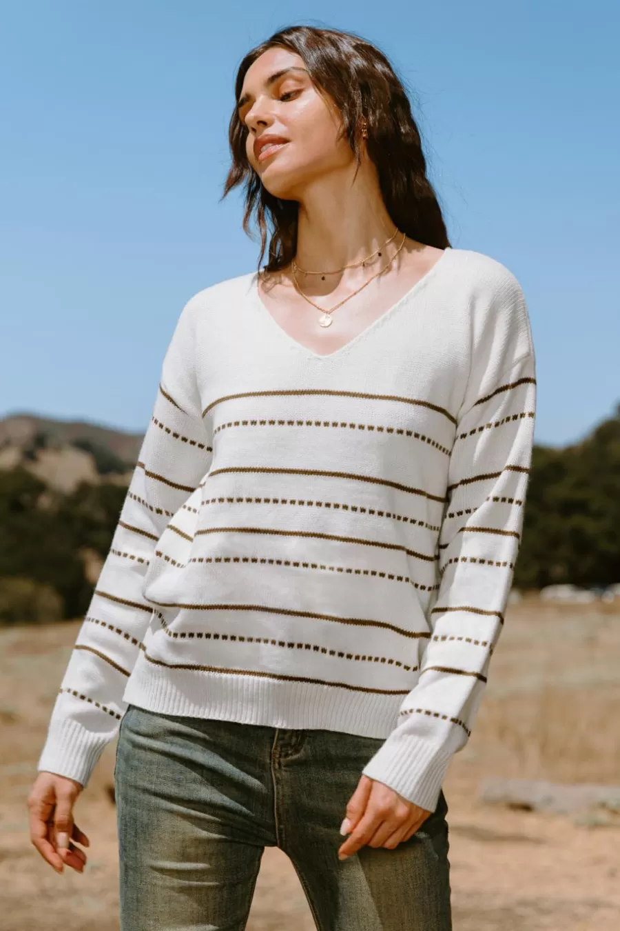 Cupshe Pulls & Gilets*Haut En Tricot à Manches Longues Et Col En V Avec Rayures Neutre Beige