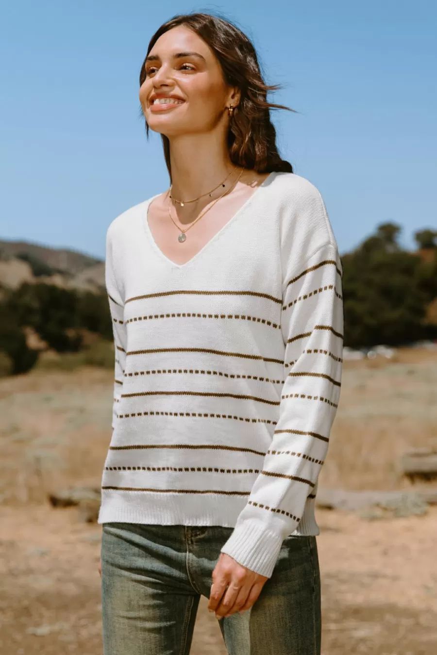 Cupshe Pulls & Gilets*Haut En Tricot à Manches Longues Et Col En V Avec Rayures Neutre Beige