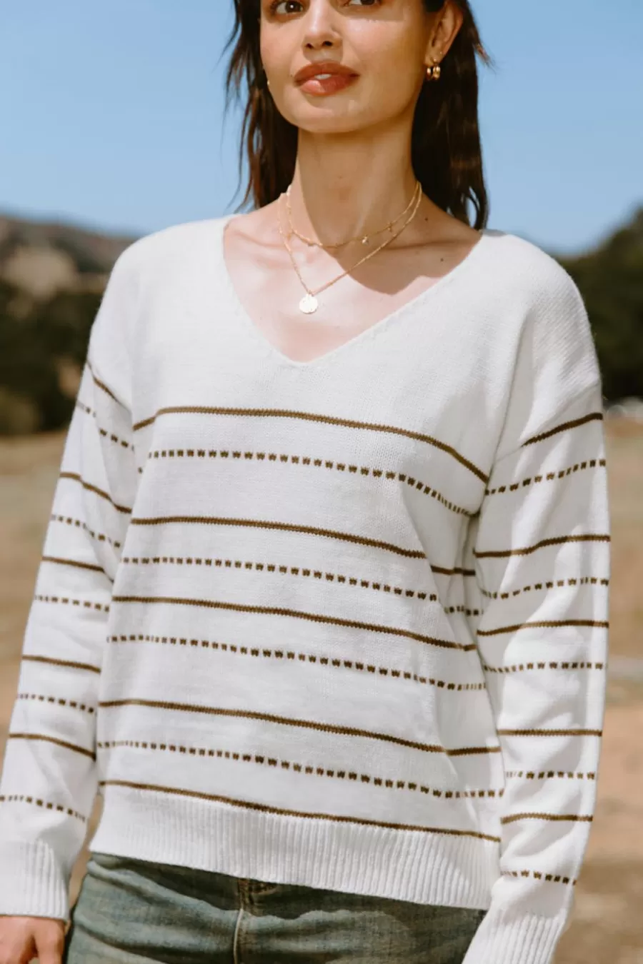 Cupshe Pulls & Gilets*Haut En Tricot à Manches Longues Et Col En V Avec Rayures Neutre Beige