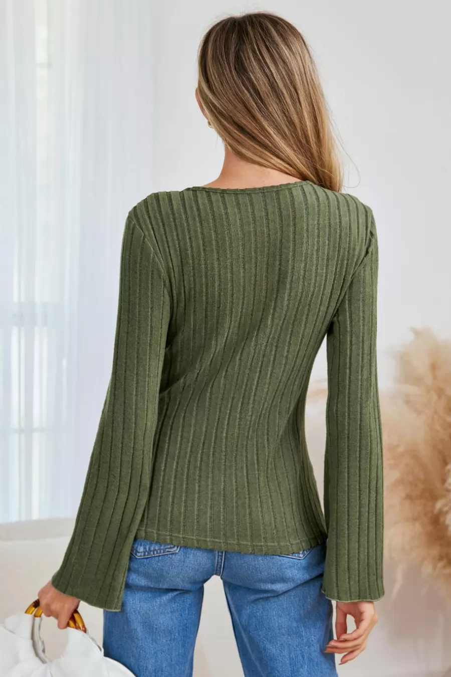 Cupshe T-Shirt & Débardeur | Chemise & Blouse*Haut En Tricot Côtelé à Col En V Et Manches évasées Vert