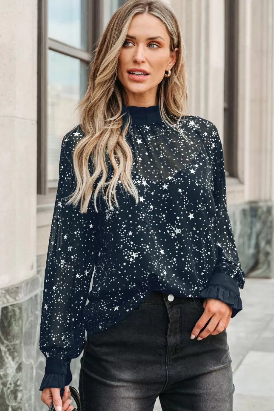 Cupshe Chemise & Blouse*Haut Semi-transparent à Volants Et Imprimé étoiles Bleu marine