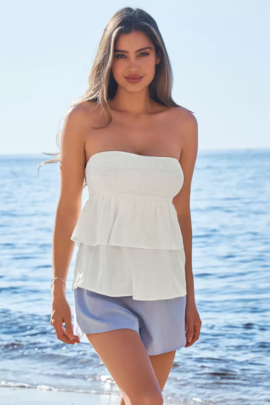 Cupshe Chemise & Blouse*Haut Tube En Pur Coton Superposé à Smocks Avec Corsage Blanc