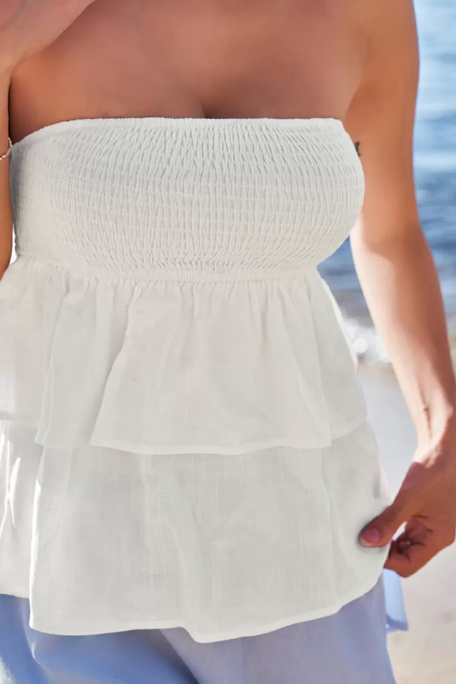 Cupshe Chemise & Blouse*Haut Tube En Pur Coton Superposé à Smocks Avec Corsage Blanc