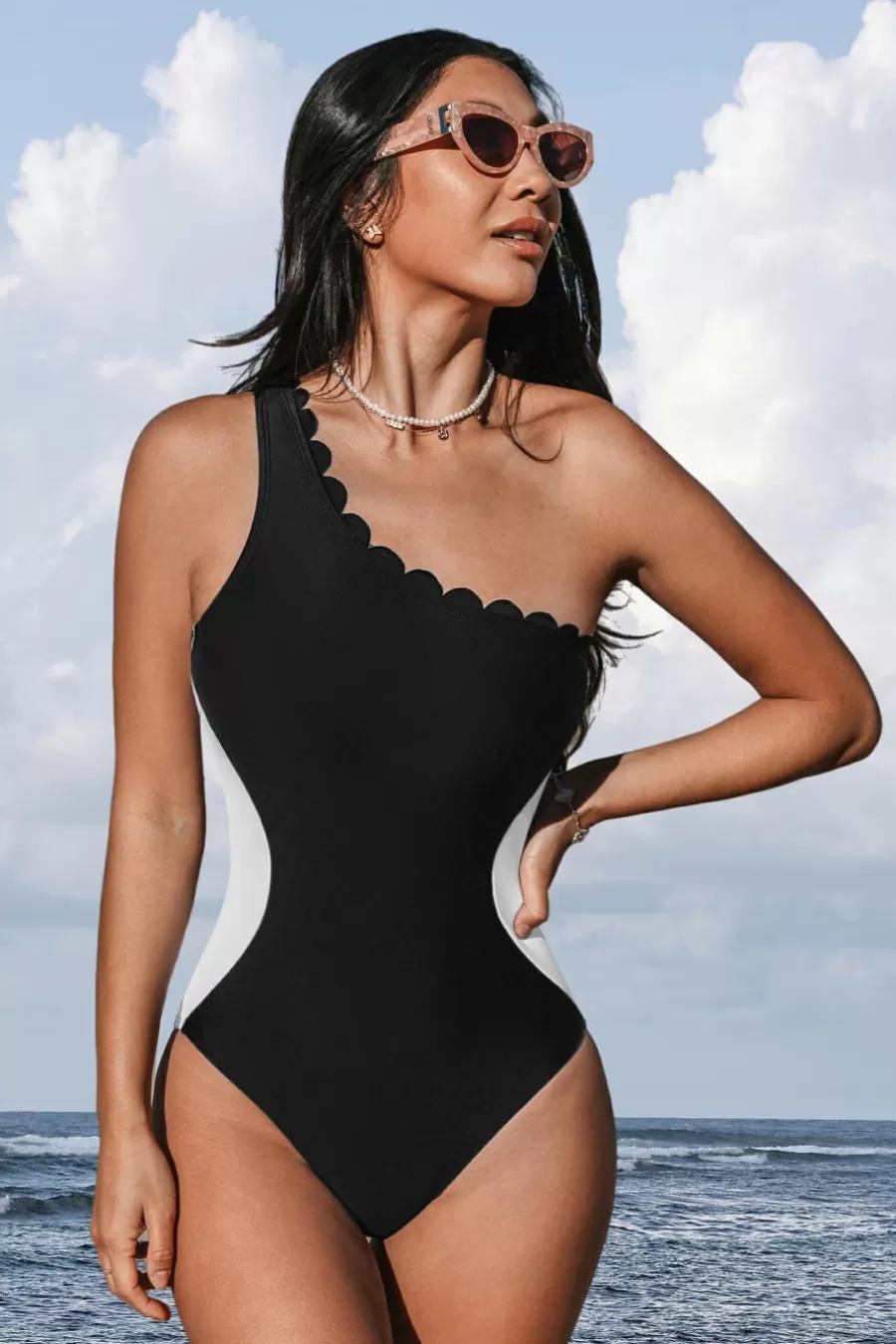 Cupshe Maillot 1 Pièce | Ventre Plat*Maillot De Bain Une épaule Standard Avec Bloc De Couleur Noir