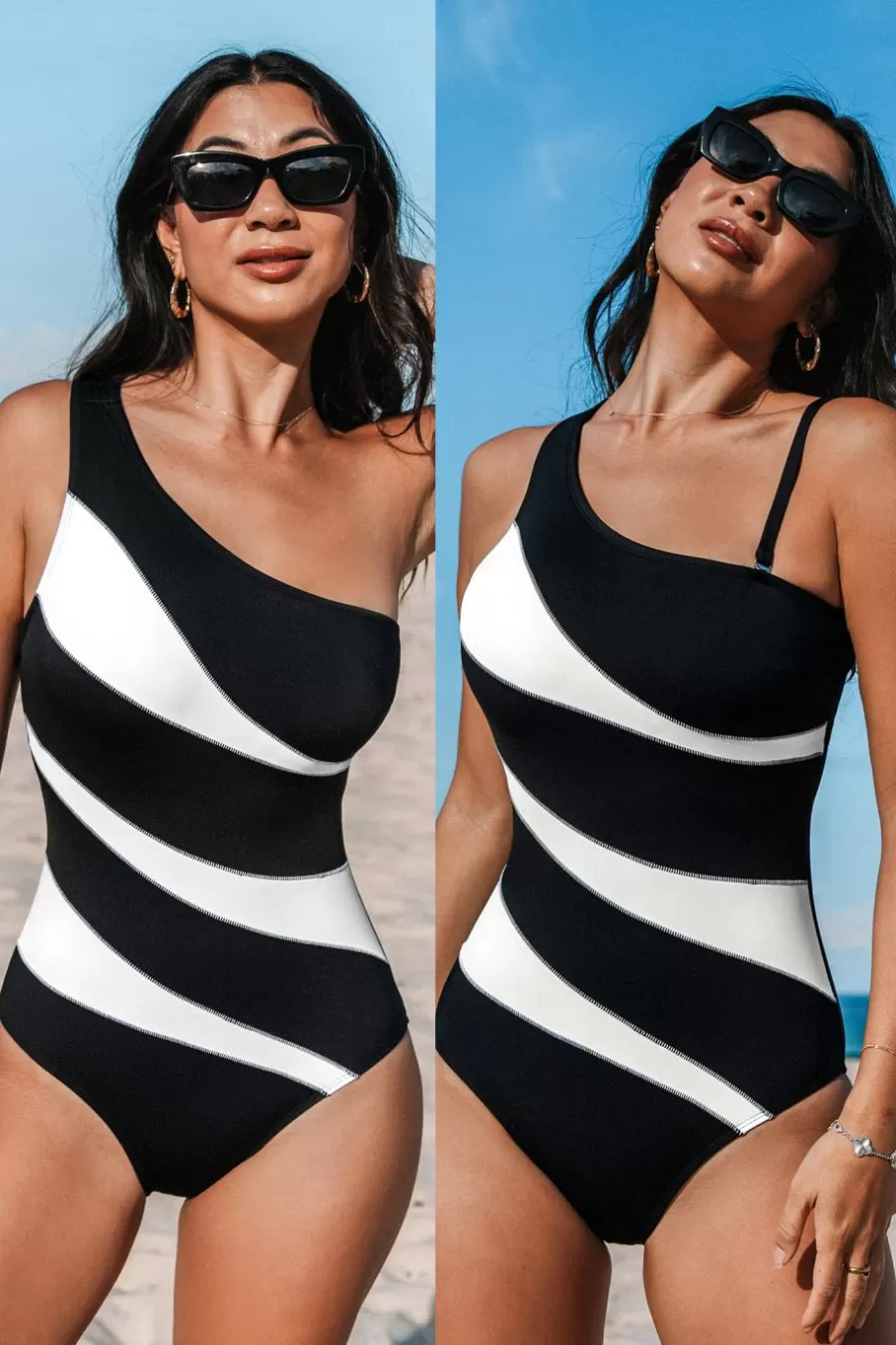 Cupshe Maillot 1 Pièce | Ventre Plat*Maillot De Bain Une Pièce Amincissant Asymétrique Et Blanc Noir