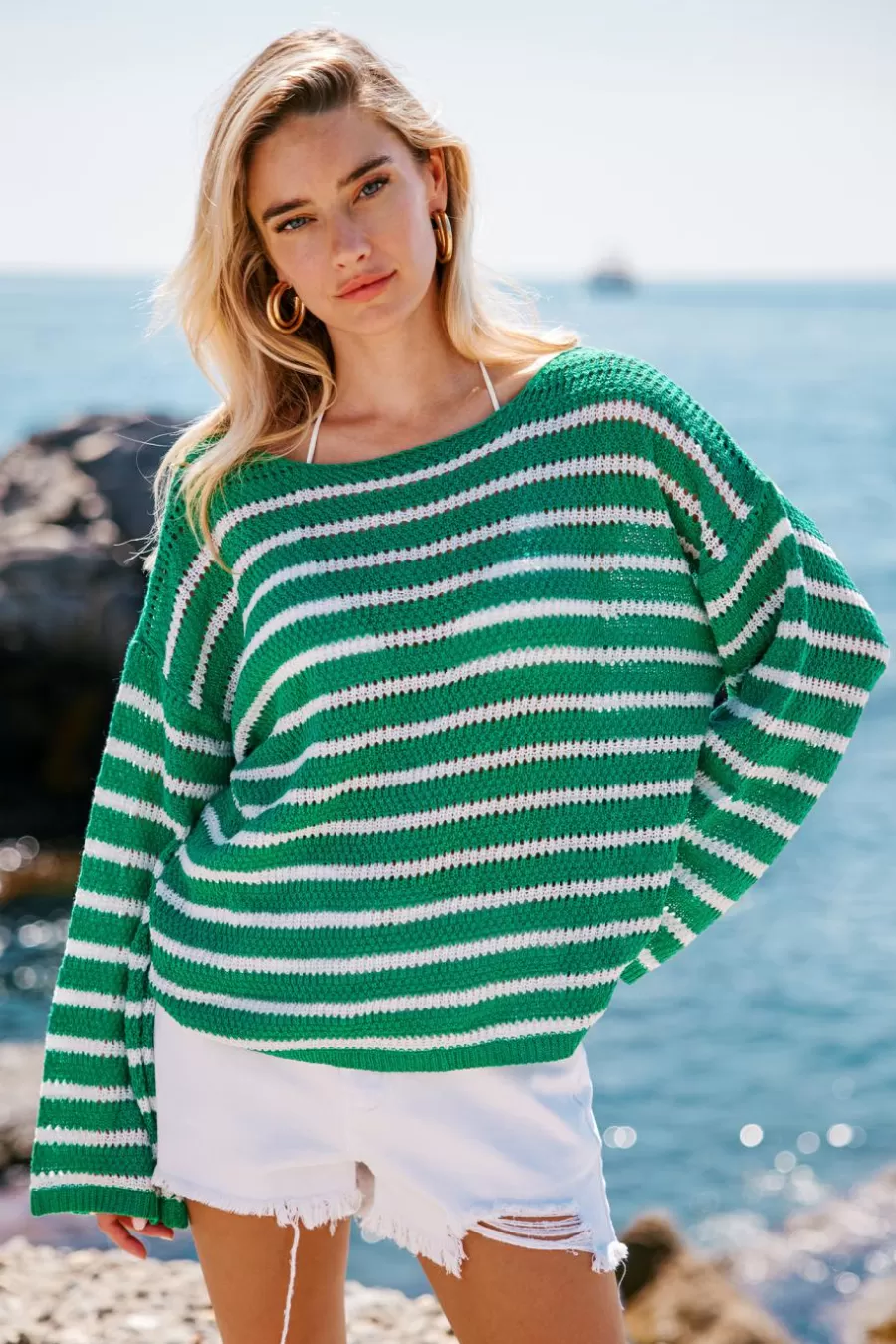 Cupshe Pull | Pulls & Gilets*Pull à Col De Bateau Et Manches Longues Avec Crochet Et Rayures Vert