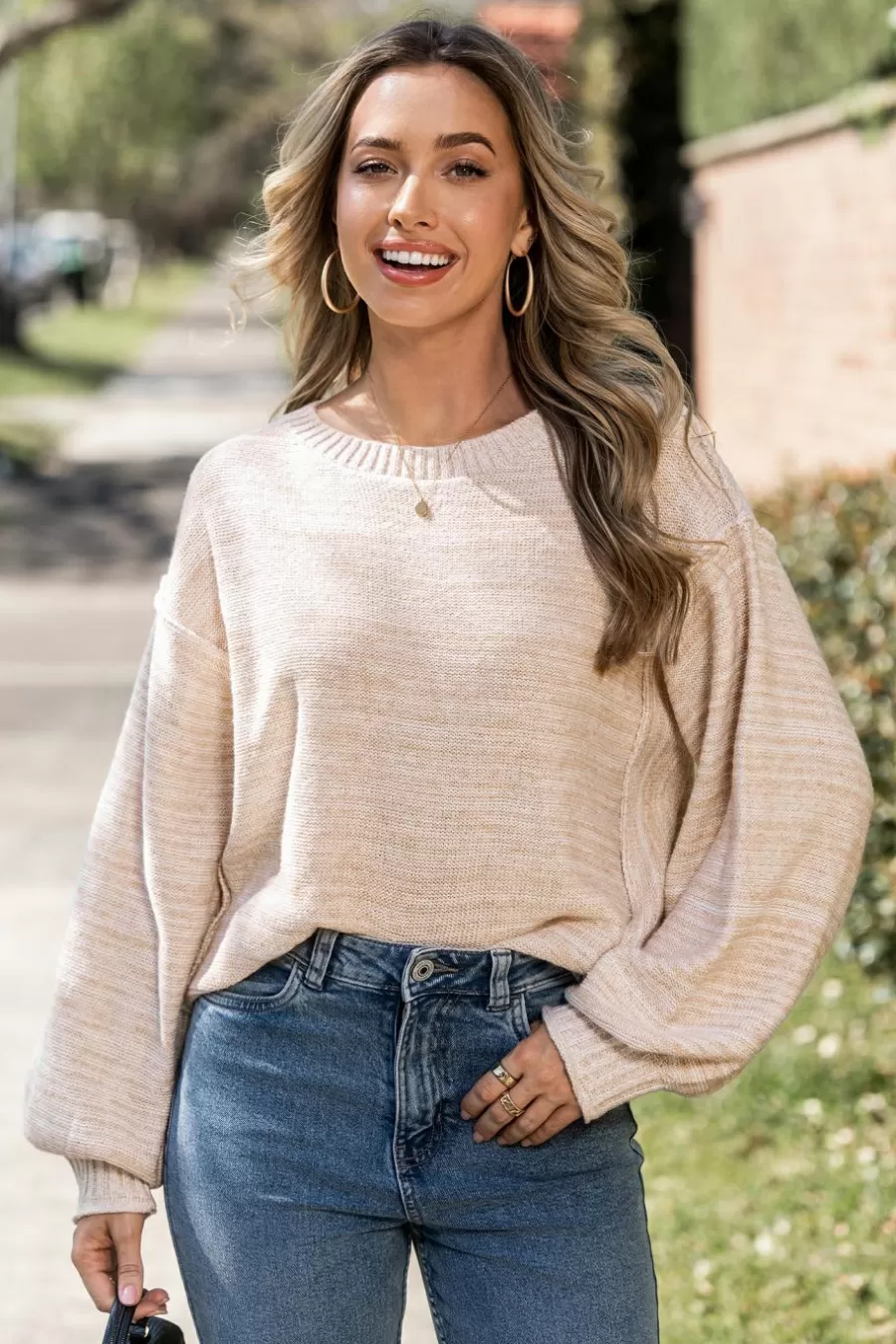Cupshe Pull | Pulls & Gilets*Pull à Col Rond Et Manches Longues Avec Couture Exposée Beige Neutre