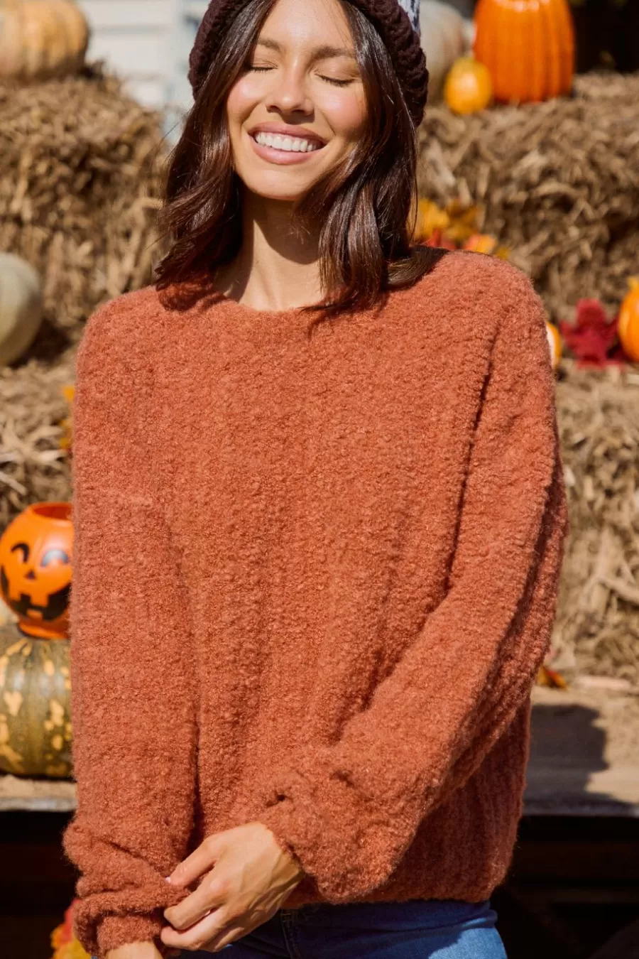 Cupshe Pull | Pulls & Gilets*Pull à Col Rond Et Manches Longues En Tricot Flou Orange Brûlé Orange/Jaune