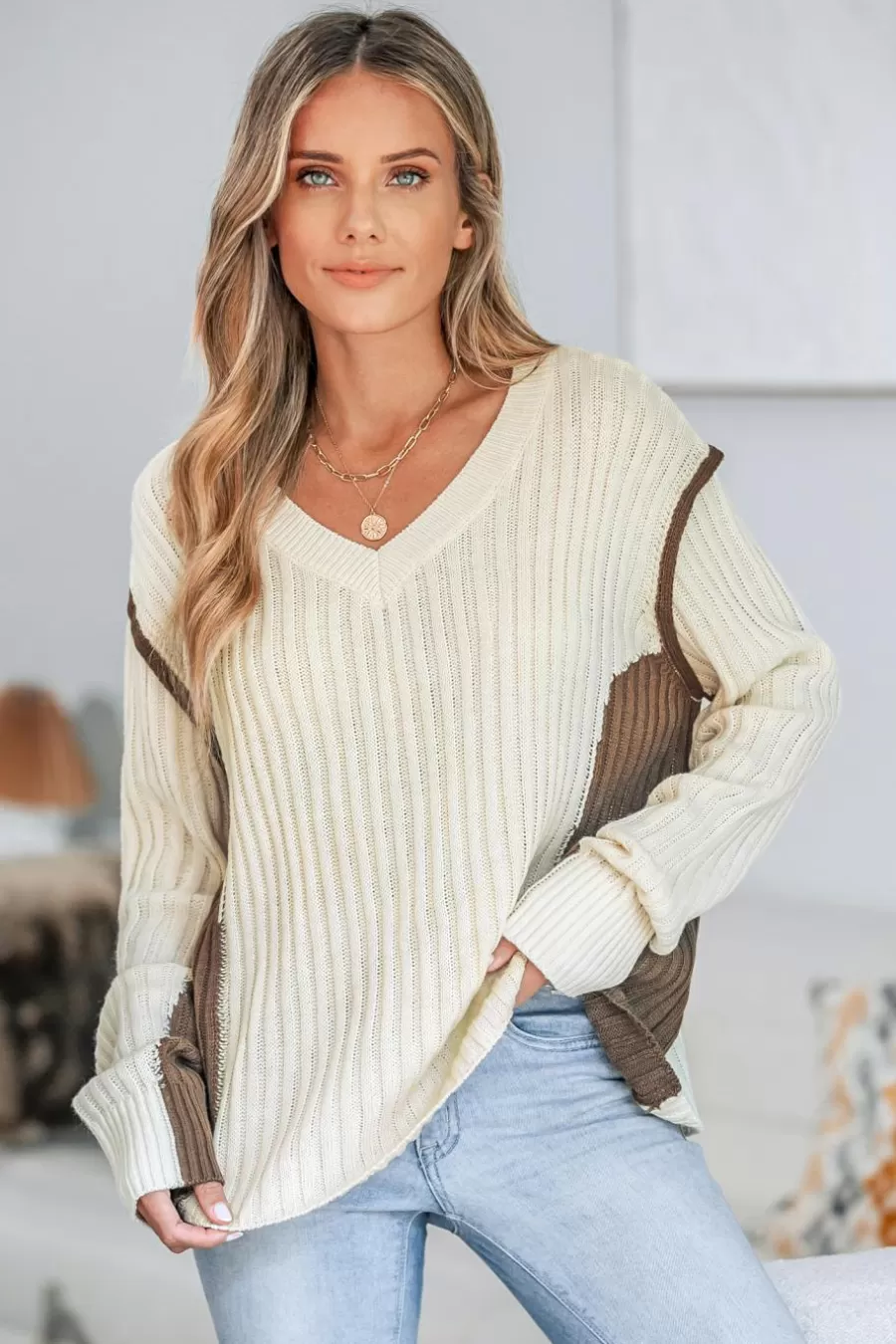 Cupshe Pull | Pulls & Gilets*Pull Avec Col En V à Bordures Contrastées Côtelé Brun clair