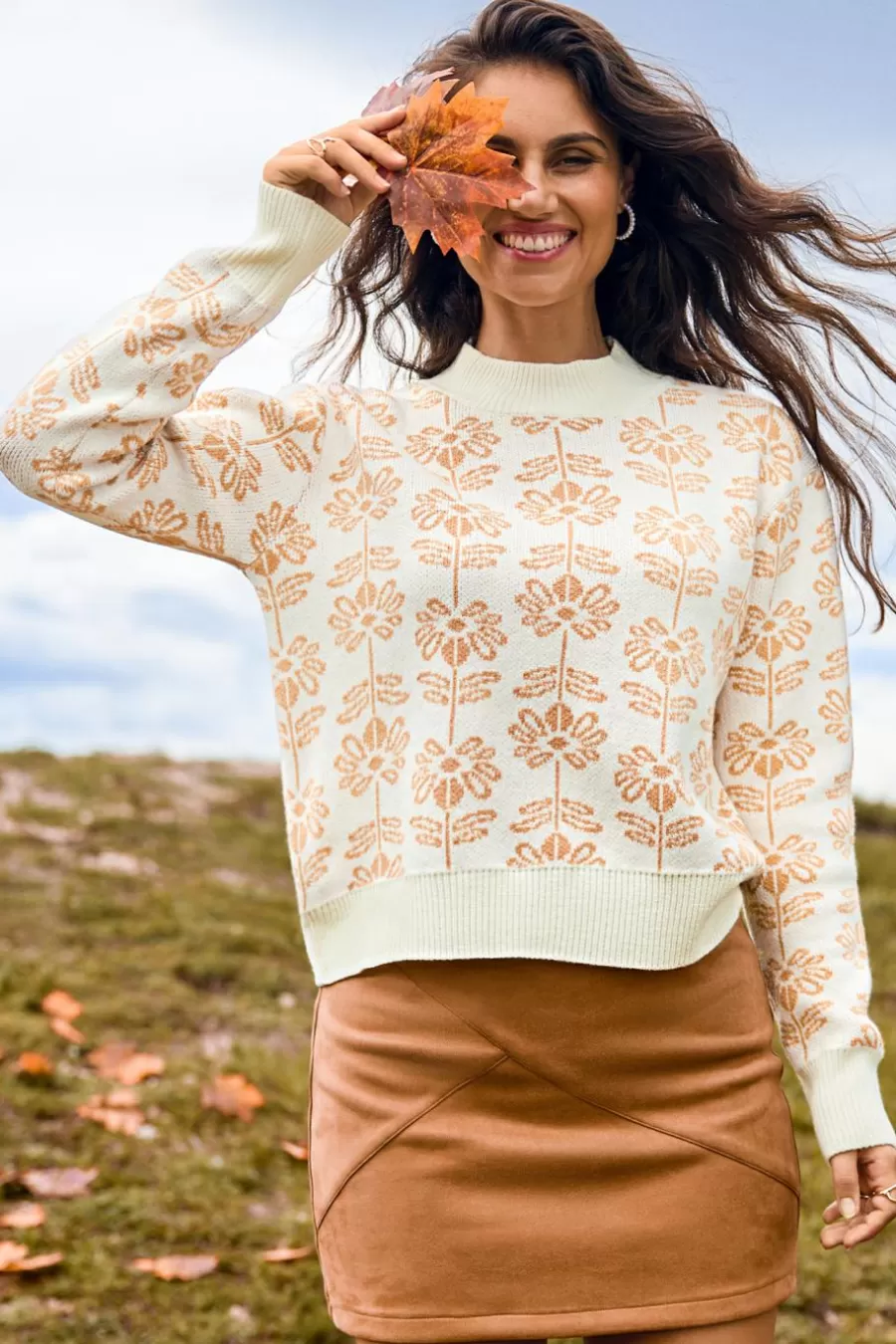 Cupshe Pull*Pull En Tricot à Col Rond Et épaules Tombantes Avec Fleurs Orange
