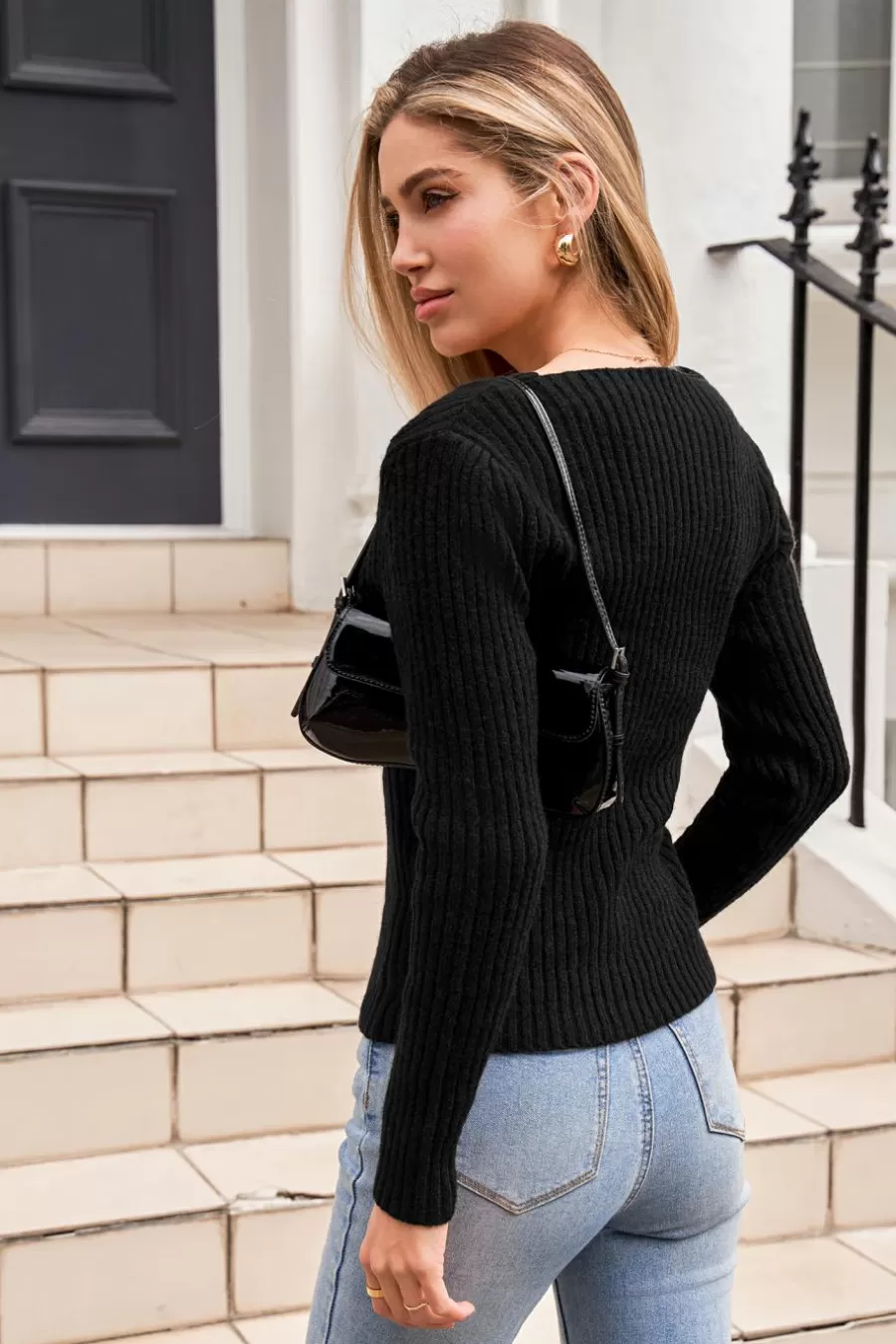 Cupshe Pull | Pulls & Gilets*Pull En Tricot Côtelé à Col En V Et Manches Longues Noir