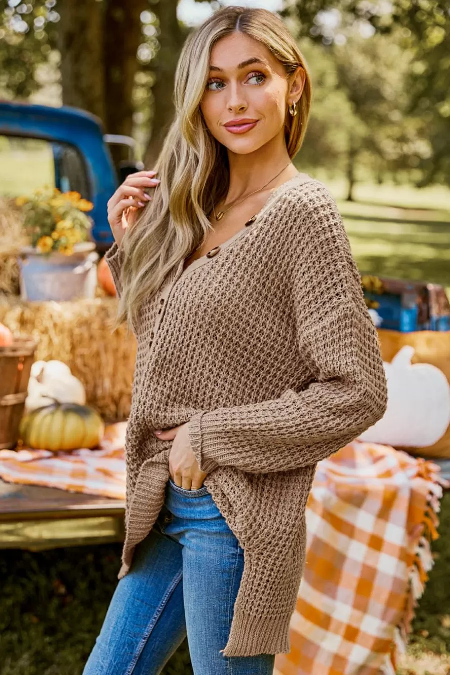 Cupshe Pull | Pulls & Gilets*Pull Henley à Col En V Et Manches Longues Marron clair