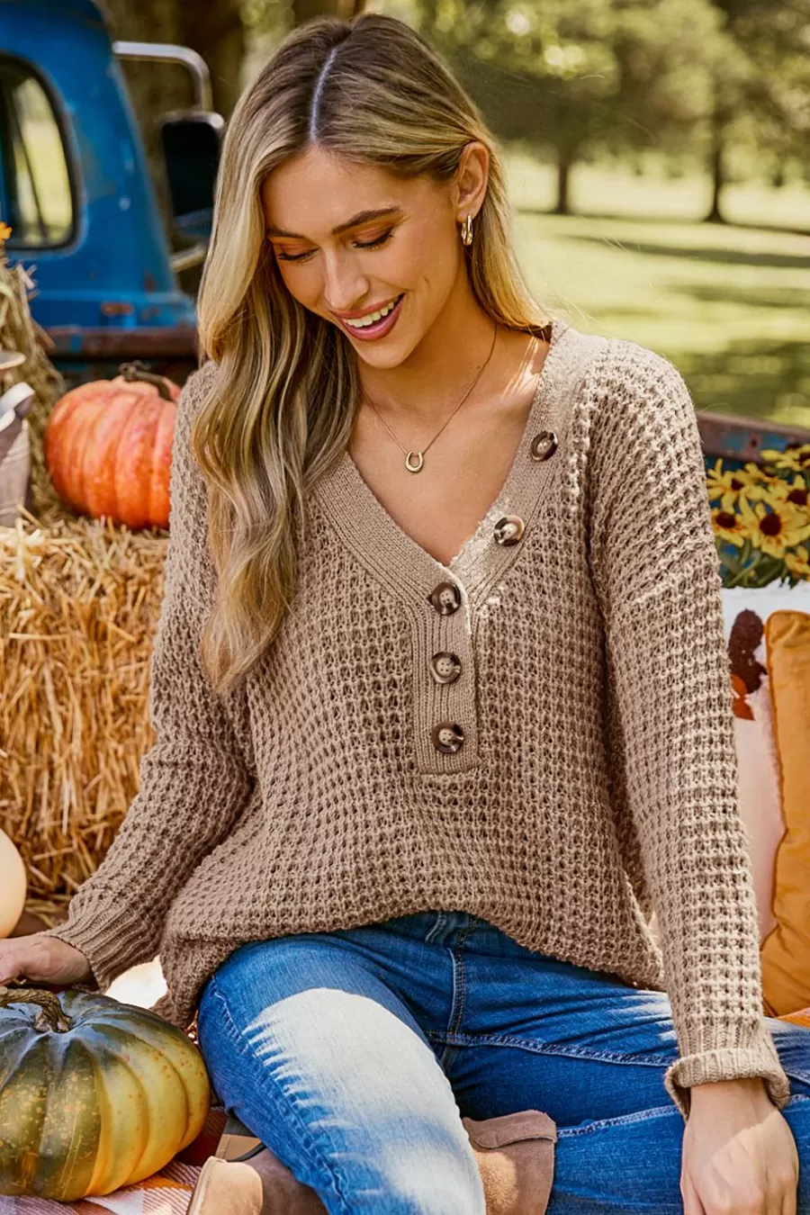 Cupshe Pull | Pulls & Gilets*Pull Henley à Col En V Et Manches Longues Marron clair