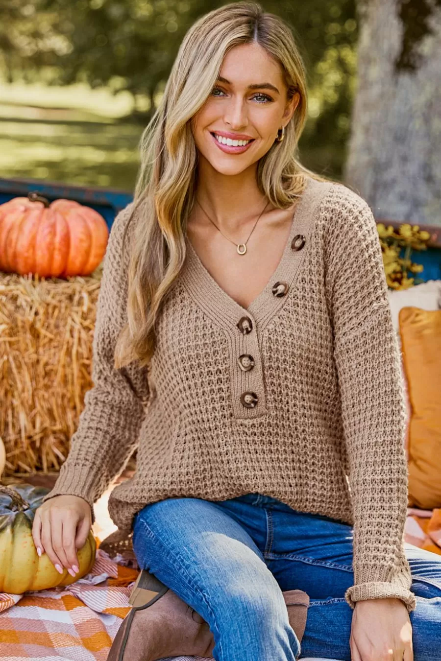Cupshe Pull | Pulls & Gilets*Pull Henley à Col En V Et Manches Longues Marron clair