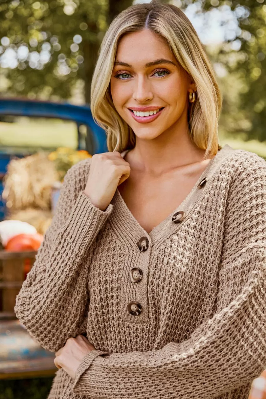 Cupshe Pull | Pulls & Gilets*Pull Henley à Col En V Et Manches Longues Marron clair