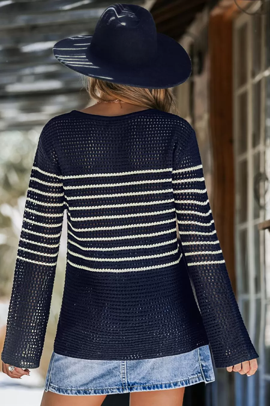 Cupshe Pull | Pulls & Gilets*Pull Ouvert à Col Rond Et Manches Longues Avec Rayures En Tricot Bleu marine
