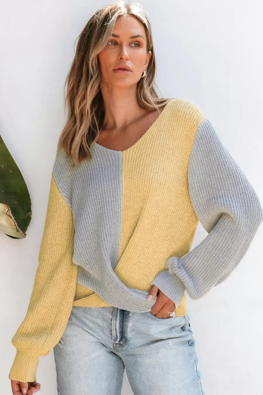 Cupshe Pull | Pulls & Gilets*Pull Torsadé à Manches Longues Et Ourlet Avec Blocs De Couleur Jaune