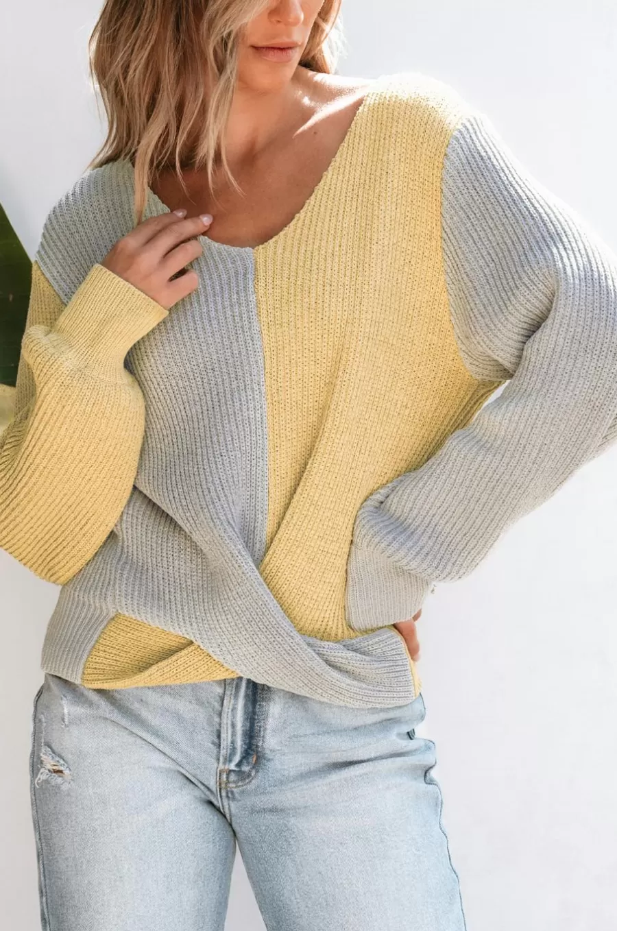 Cupshe Pull | Pulls & Gilets*Pull Torsadé à Manches Longues Et Ourlet Avec Blocs De Couleur Jaune