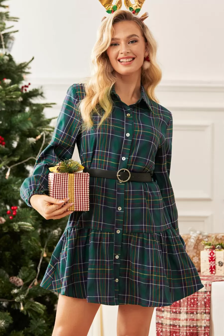 Cupshe Robe Courte*Robe Chemise Courte Avec Ourlet à Volants En Carreaux e Vert