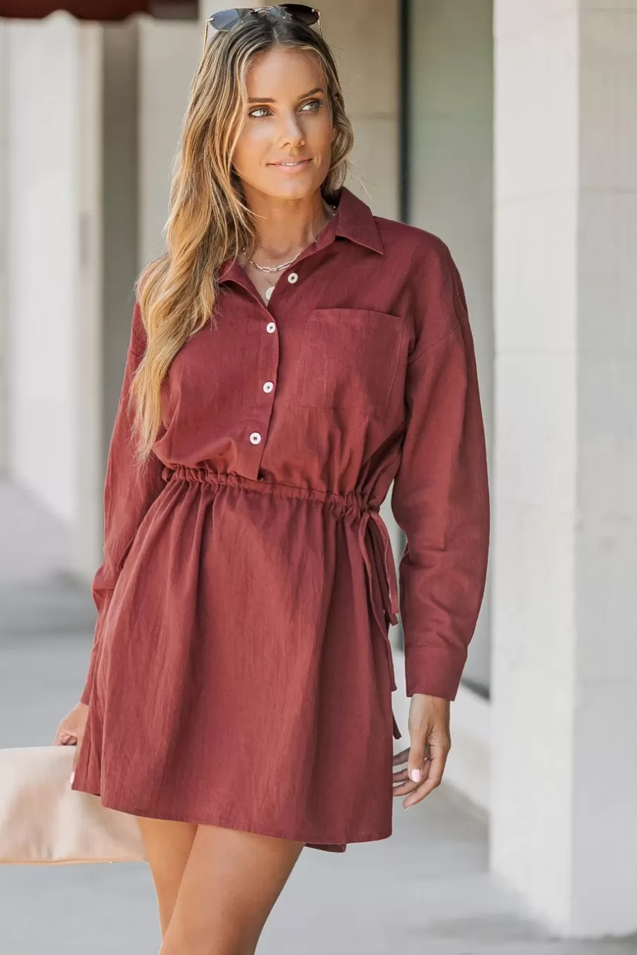 Cupshe Robe Courte*Robe Chemise Courte En Pur Coton à Boutons Sur Le Devant Bourgogne